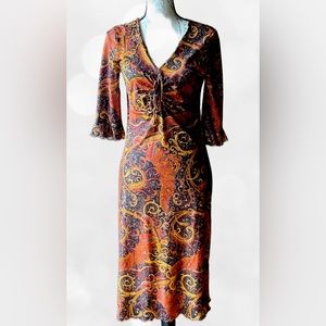 Bisou Bisou V-Neck Paisley Print Midi Dress, 3/4 Sleeve, Like New (M)